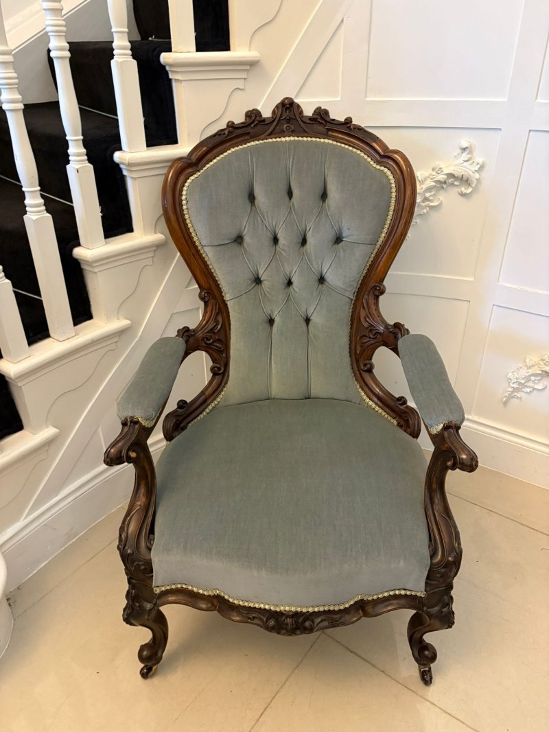 Outstanding Quality Pair of Antique Victorian Carved Walnut Ladies and Gentlemen’s Chairs - Image 3